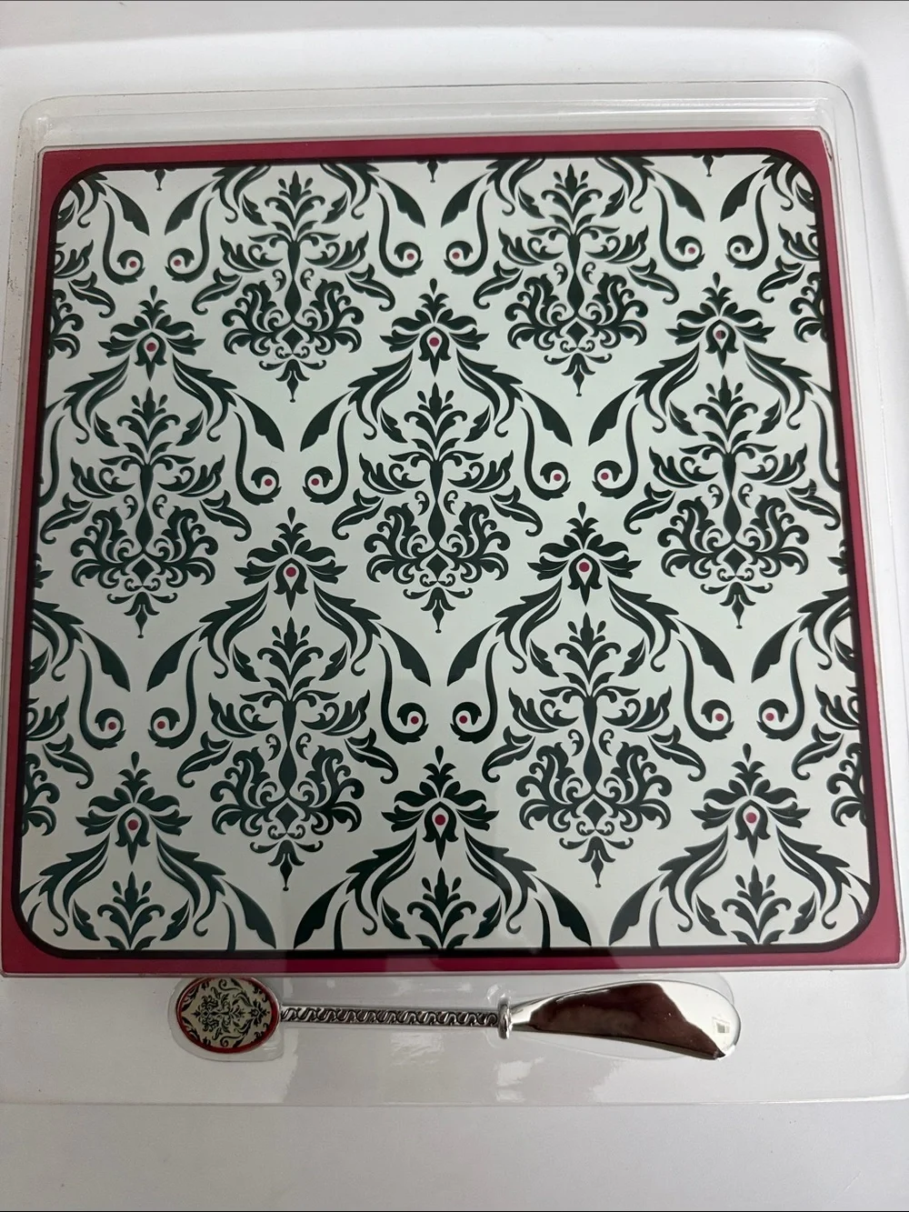 ❤️Kirklands White and Dark Green Decorative Serving Board with Pink Accents